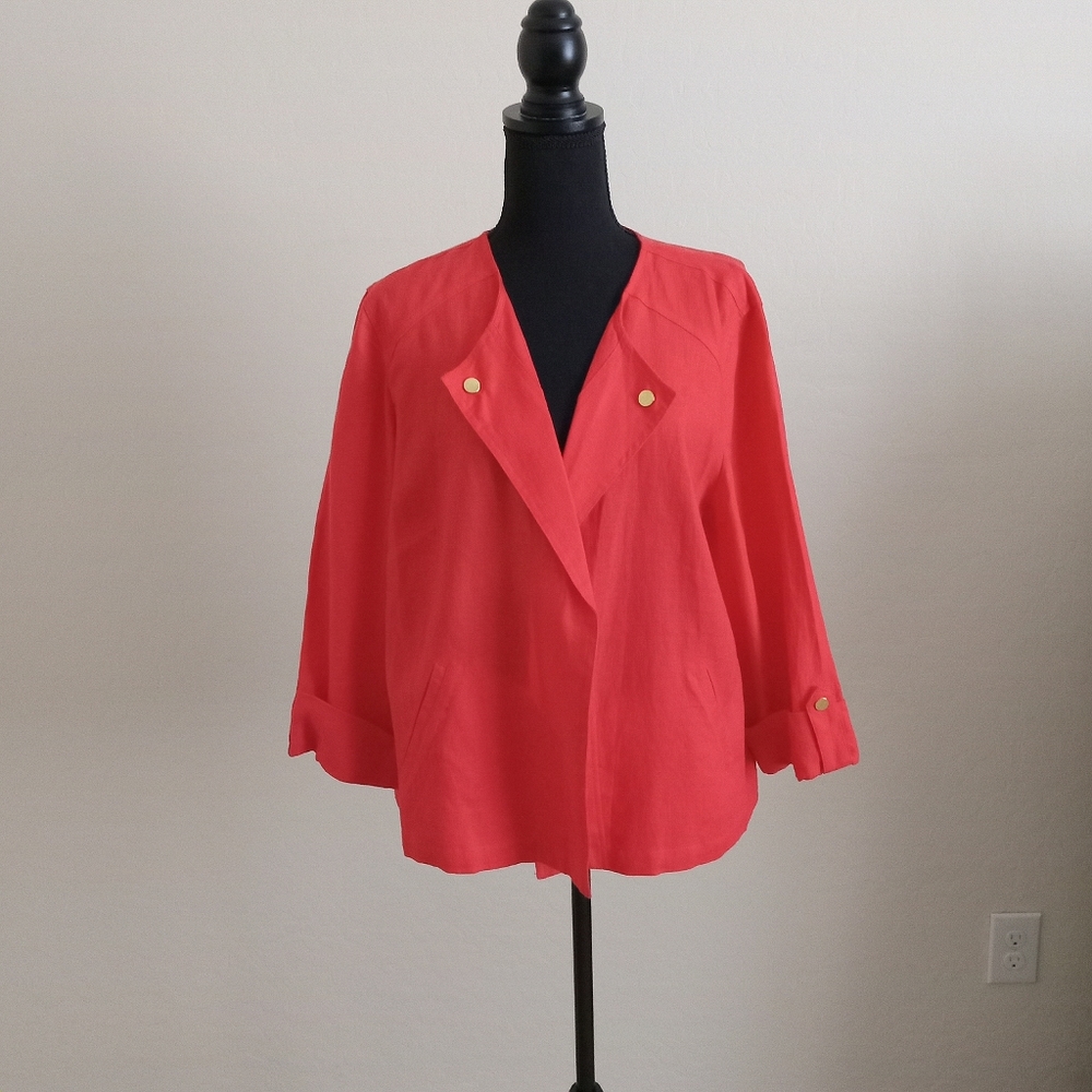 Chico's Open Front 100% Linen Cardigan Jacket - Red/Orange Blazer Size 3/XL